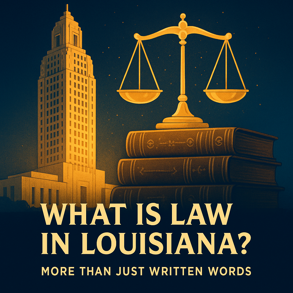 Dynamic illustration of the Louisiana State Capitol and golden scales of justice over law books, symbolizing Louisiana’s unique blend of legislation and custom in its Civil Law system