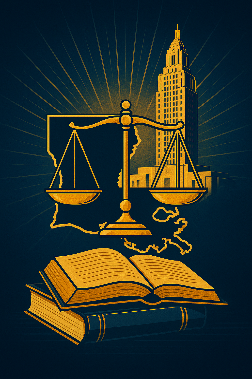 Golden scales of justice balanced over a Louisiana state outline with law books and the State Capitol in the background, symbolizing the relationship between legislation and custom in Louisiana’s Civil Law system