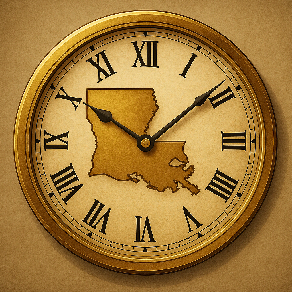 Golden clock face featuring the outline of Louisiana at its center, symbolizing the timing and application of laws, with black Roman numerals and antique gold detailing.